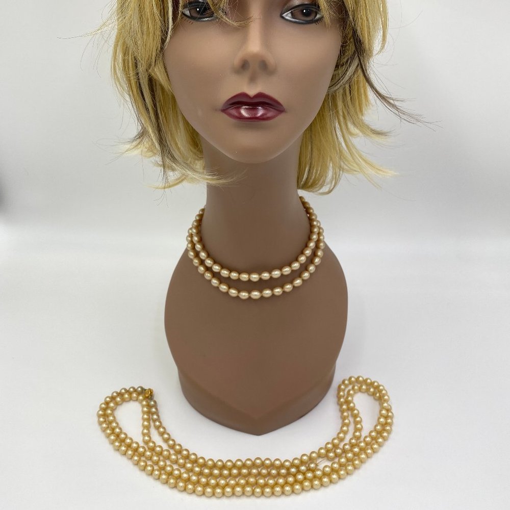 2 Vintage Faux Pearl Necklaces Single Strand 59" & Double Strand 15-1/2" Japan